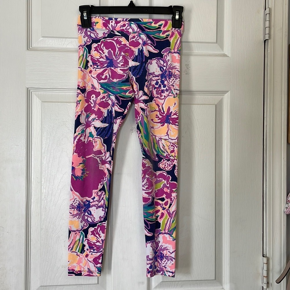Lilly Pulitzer floral hibiscus maia bright navy tipping point leggings L 8-10